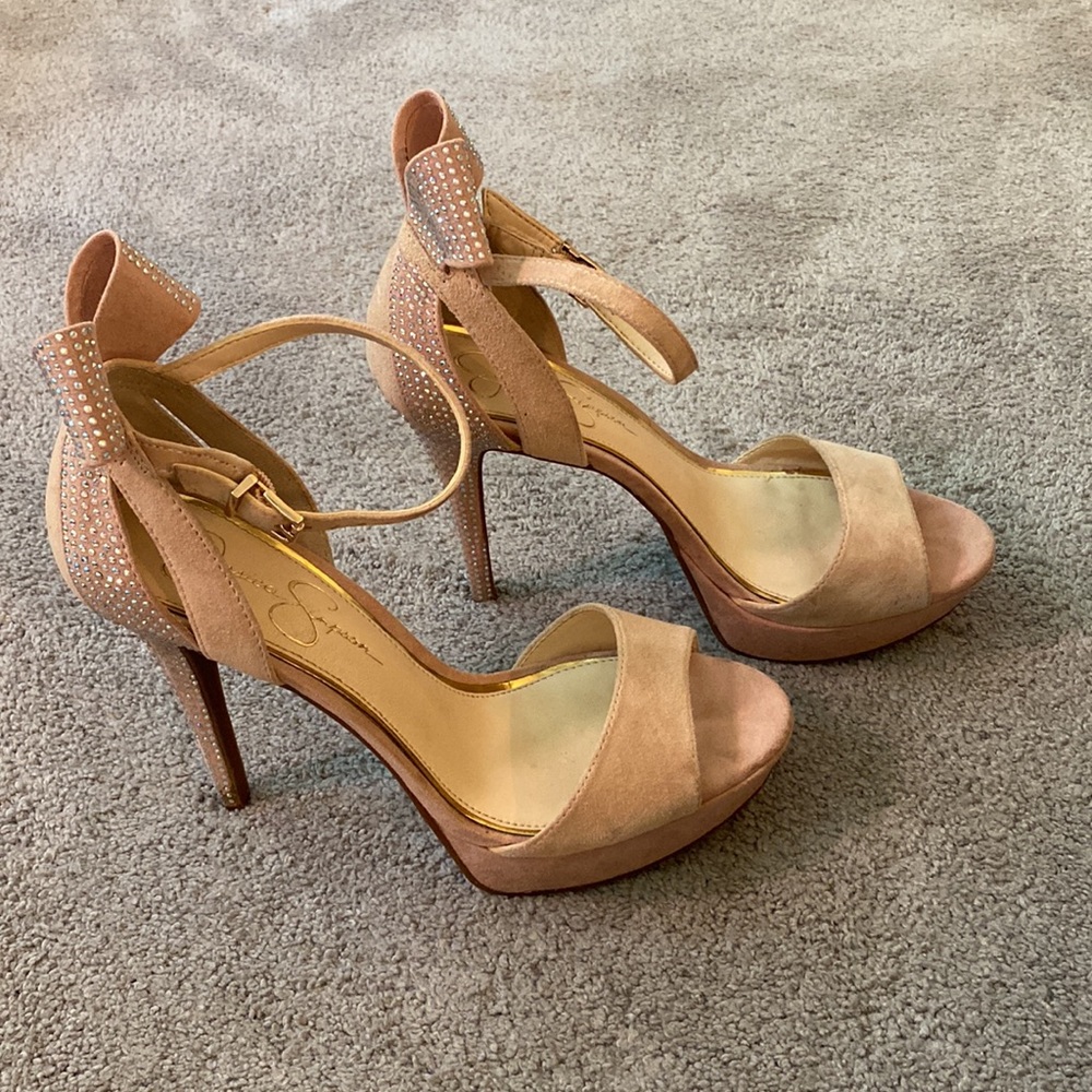 Jessica Simpson Nude Blush Lux Kid Suede Heels Size 8 1/2” w/ Box